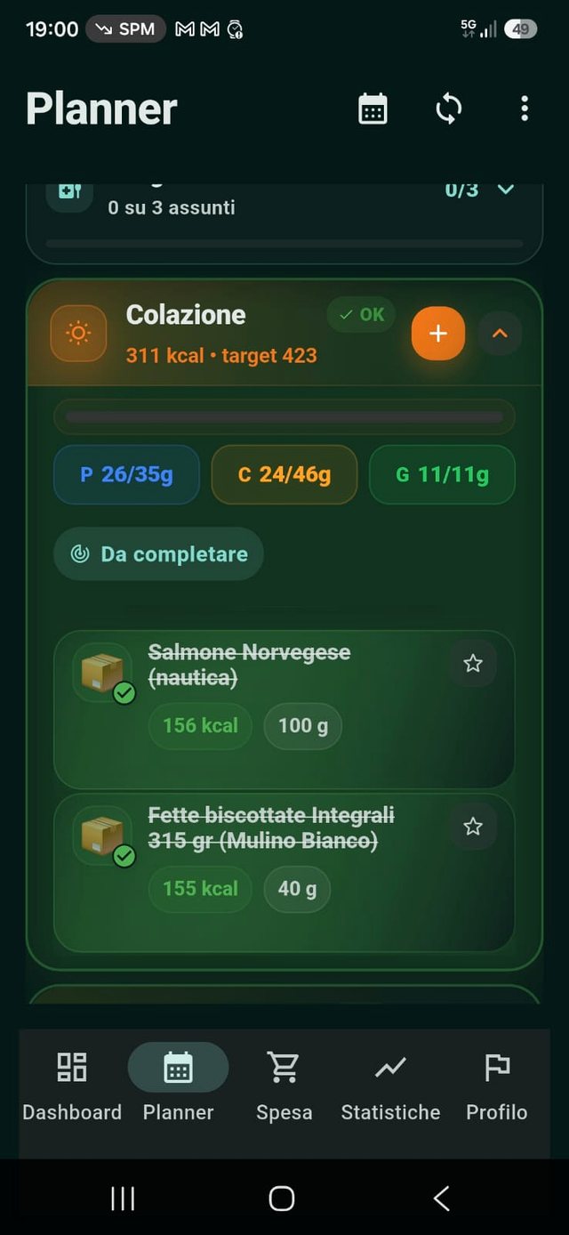 Screenshot dettaglio pasto Planner NutriAxIA